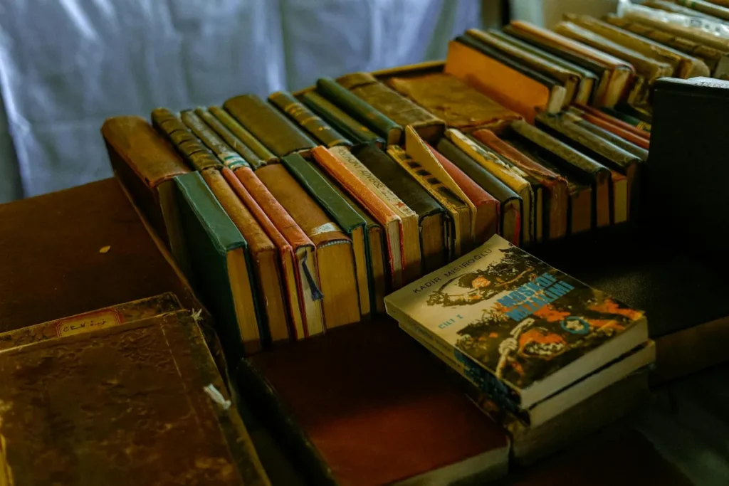 A library of Russian classical books on a literary writing desk